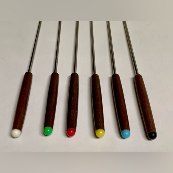 Set of 6 1960s Vintage Japanese Walnut Stainless Fondue Skewer Forks - Picture 5 of 10